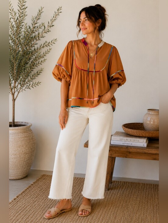 Tops - Boho Balloon Sleeve Blouse Camel Multicolor Trim Tie Neck Size Small